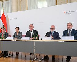 Presentation of Master Plan Gusen by mayor Aufreiter (Langenstein), director Glück, minister Karner, president Dockendorf, and mayor Derntl (St. Georgen). Photo credit: BMI, Jürgen Makowecz