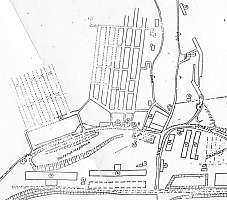 The Kellerbau tunnels directly north of the KZ Gusen I & II concentration camps were subdivided in sections I, II, III & IV. From left to right: Kellerbau IV (dotted lines), Kellerbau III (central tunnel grid), Kellerbau I & II (the two tunnels right